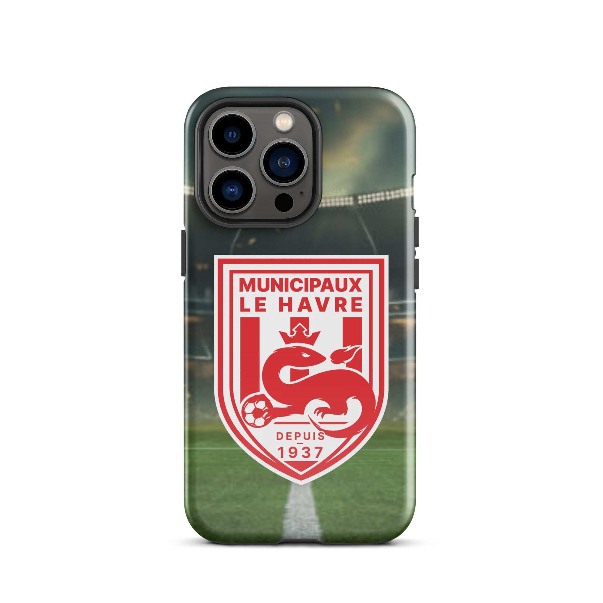 Un étui pour iPhone avec un terrain de football et un écusson rouge et blanc.