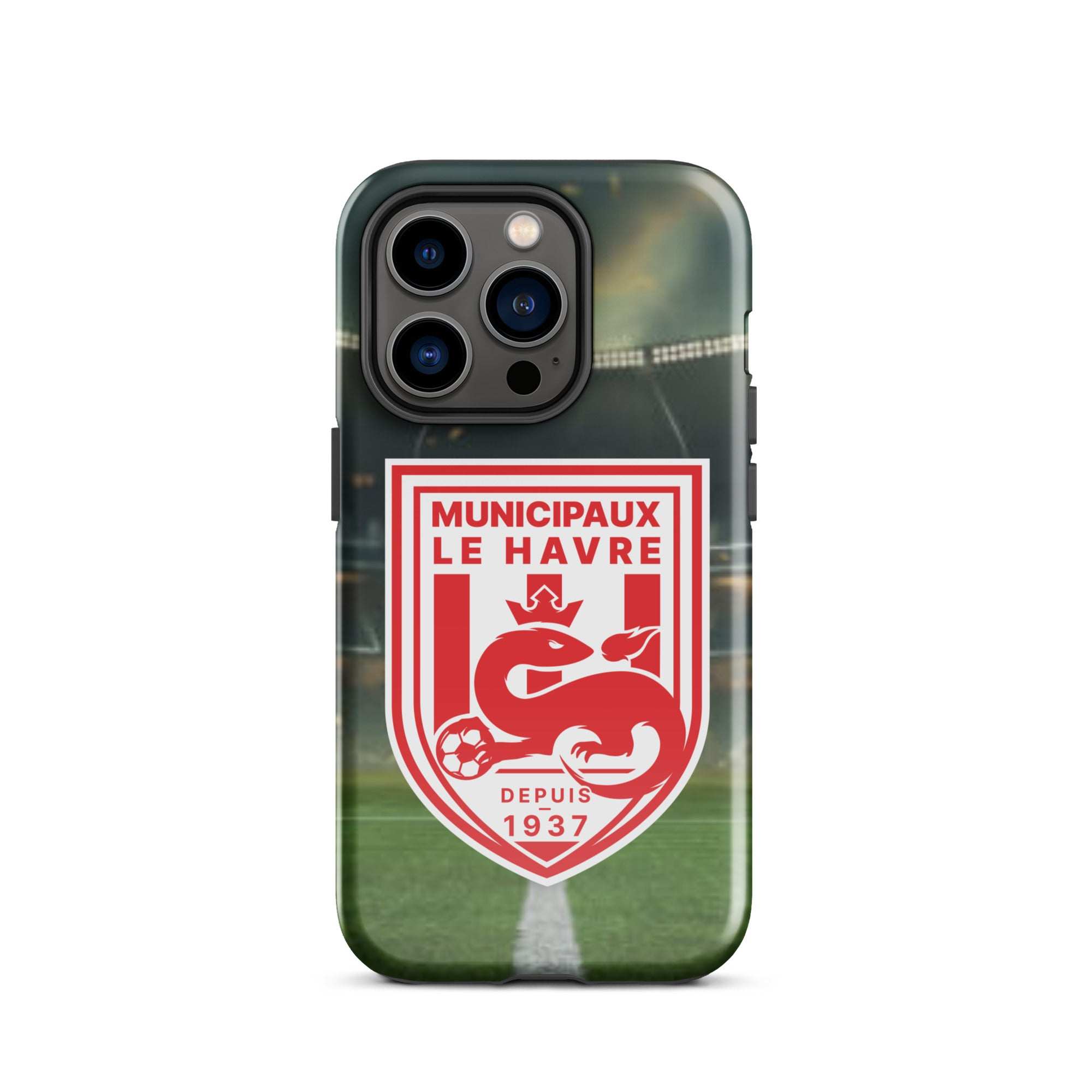 Une coque pour iPhone 15 Pro Max avec un stade de football et le logo d’une équipe.
