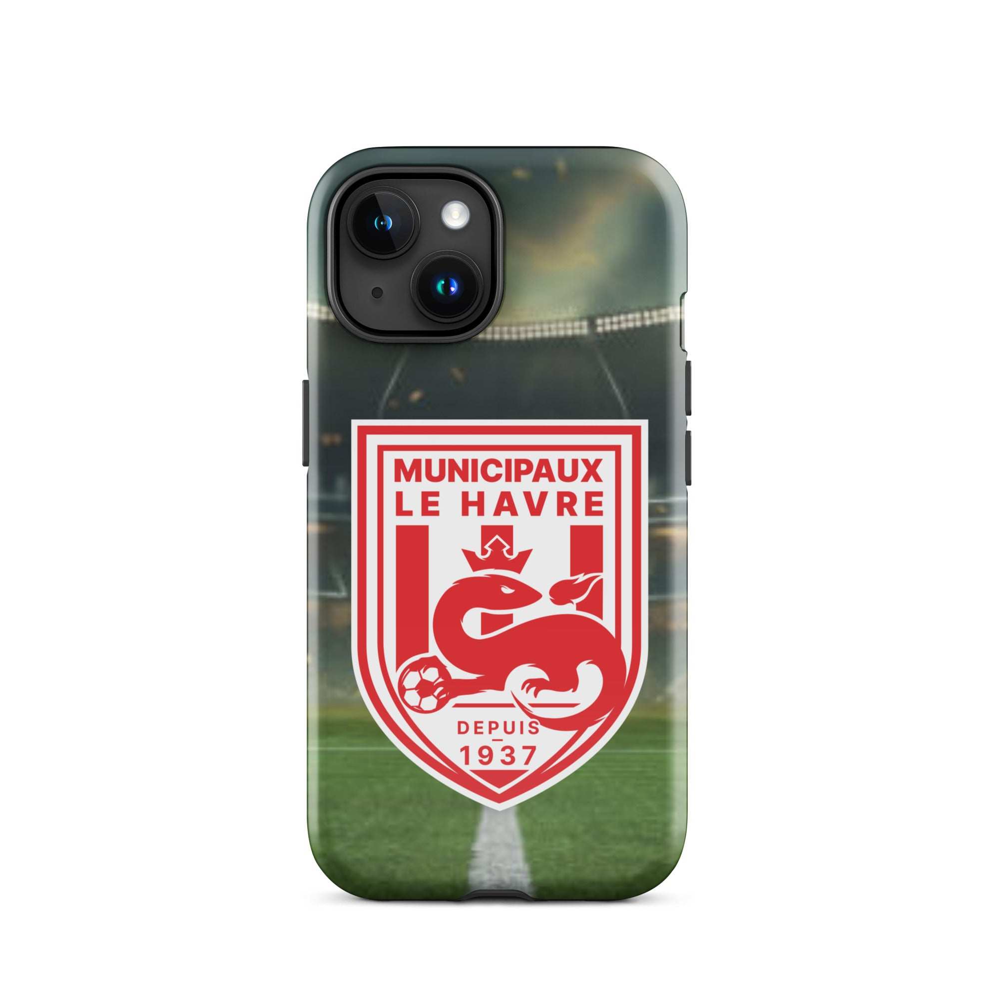 Un étui pour iPhone avec un stade de football et le logo d’une équipe.