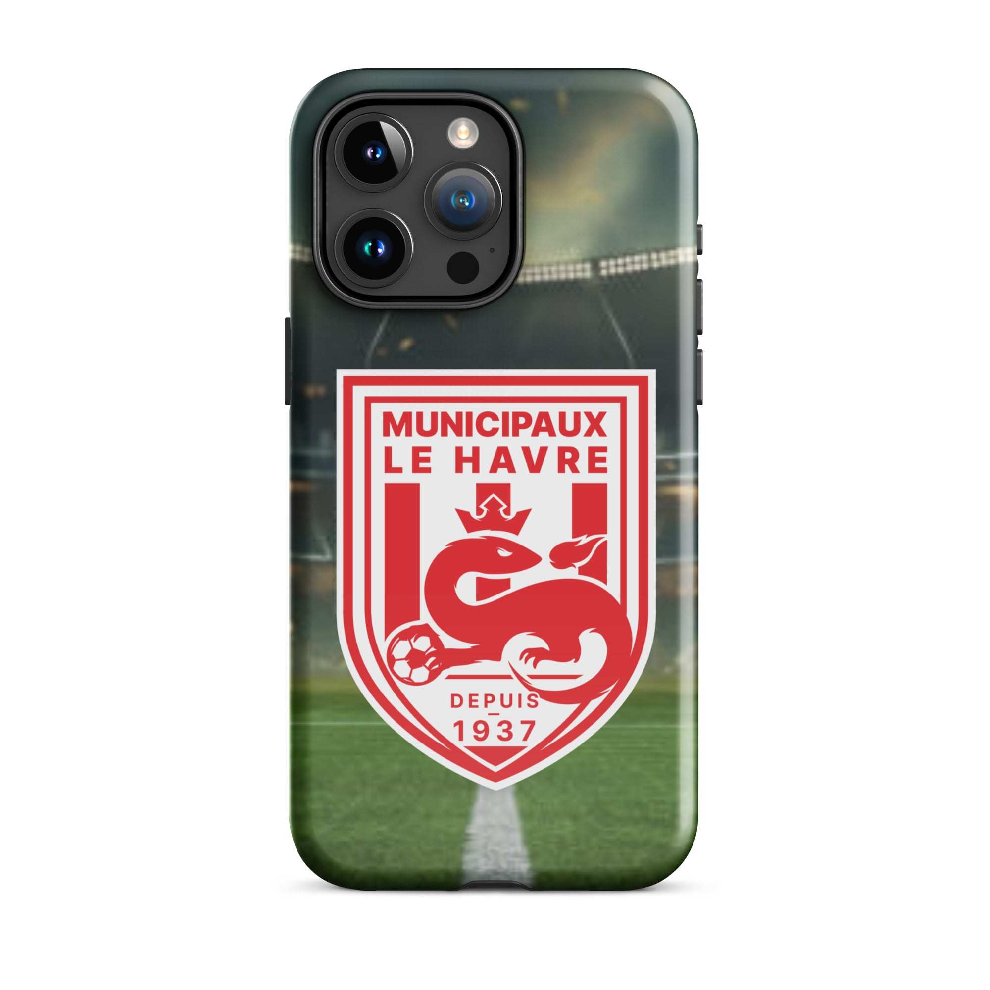 Étui pour smartphone noir avec logo de l’équipe de football rouge et blanc.