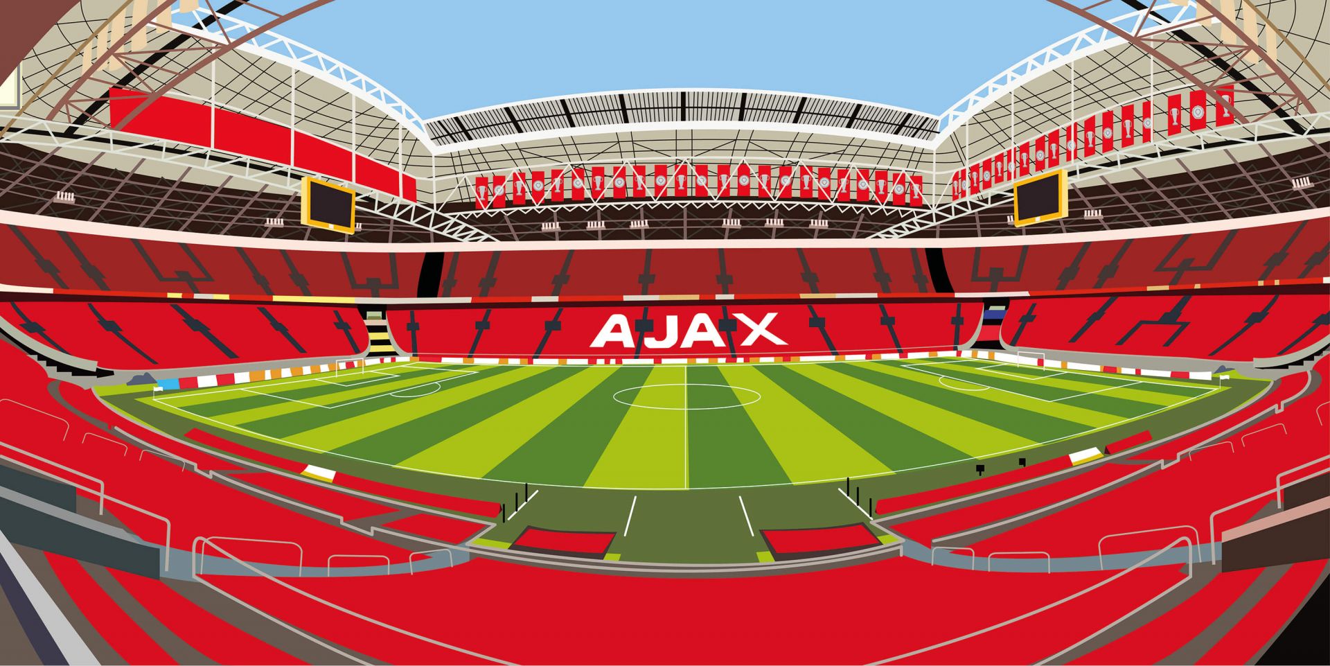 Stade de football rouge et vert avec branding Ajax.