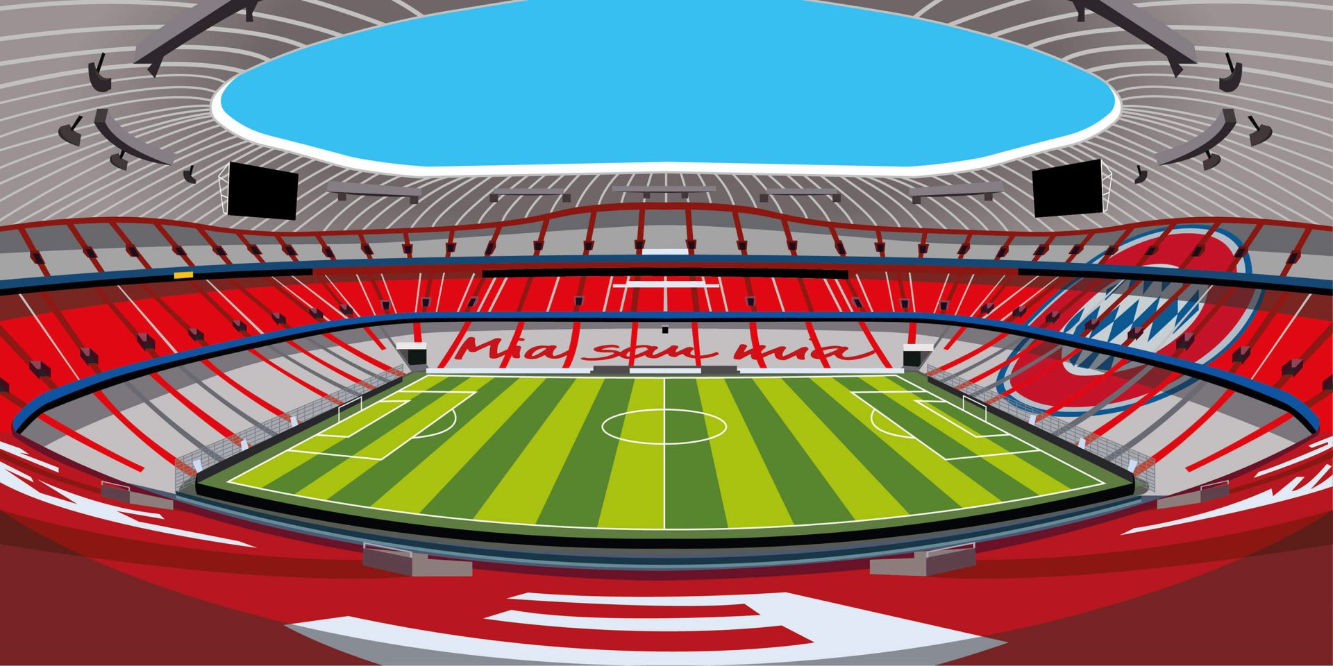 Stade de football rouge et vert avec grand toit bleu