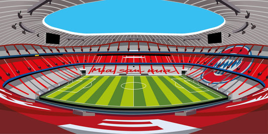 Stade de football rouge et vert avec grand toit bleu