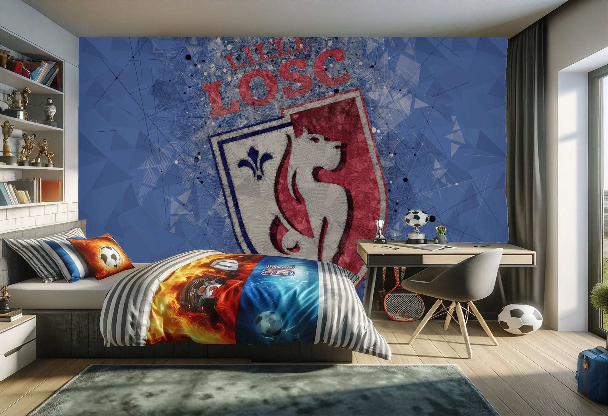 Chambre d’enfant avec le papier peint du LOSC Lille.