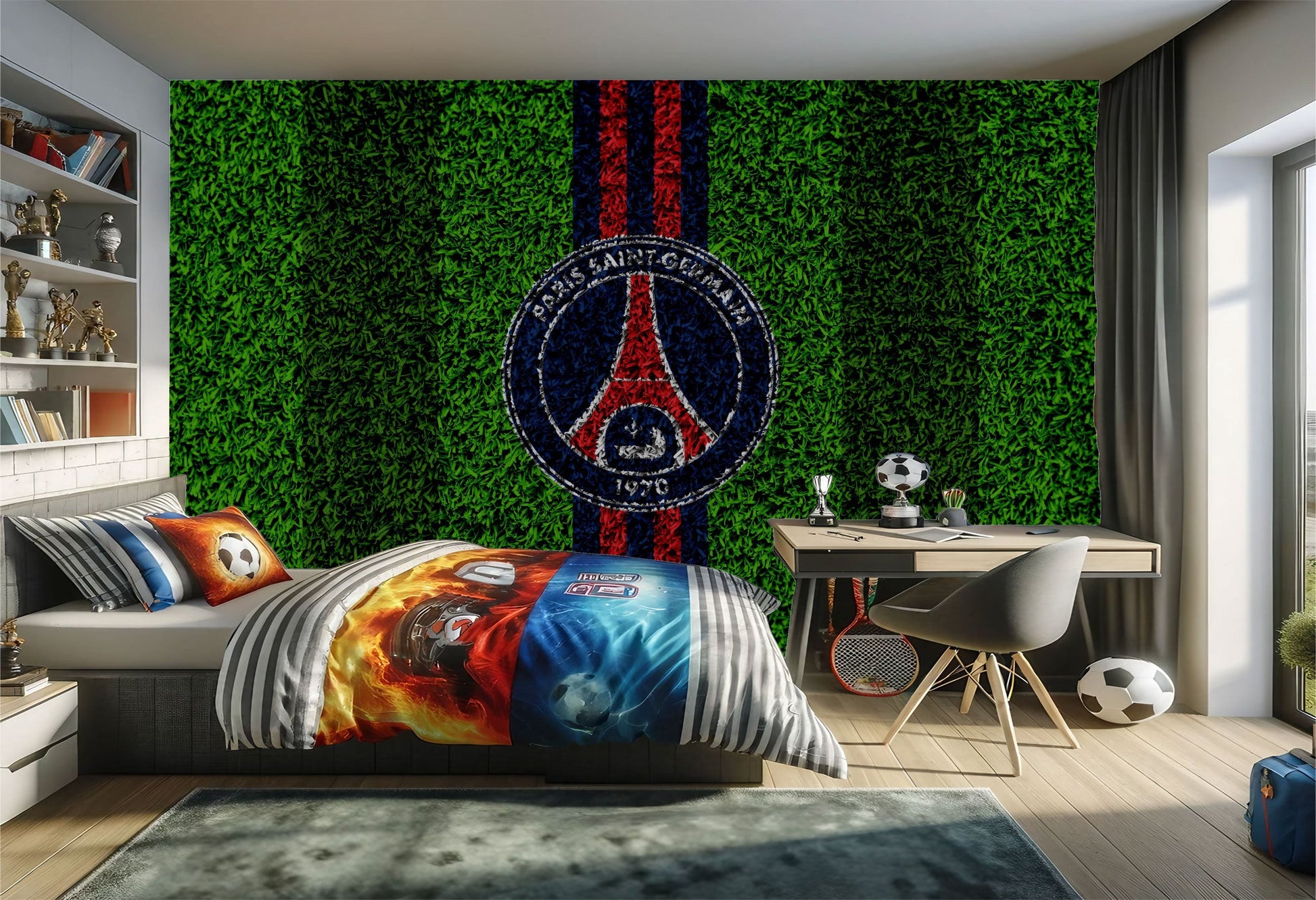 Chambre à coucher sur le thème du Paris Saint-Germain.